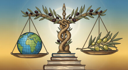 stylized illustration of a balance scale with globe on one side and olive branch on the other — justice and diplomacy