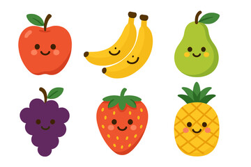 Set of cute smiling cartoon fruit characters including, banana, pear, grape, strawberry, and pineapple