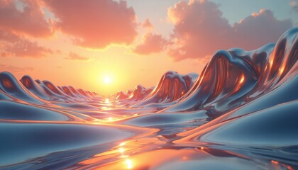 Abstract chrome waves reflecting sunset. Digital art shows shiny metallic liquid surface. Orange sky with clouds reflects sunlight. Modern 3D rendering artwork design.