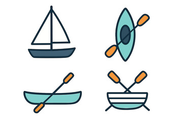 Collection of simple water sport boats and paddles icons