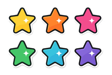 Six colorful shiny star rating icons with dark outline