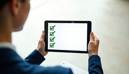 Person holds tablet with checklist. Device displays completed tasks. Woman uses digital tech for work. Businesswoman controls project. Digital interface shows success. Modern workflow concept.