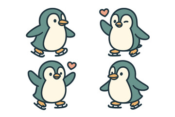 Fototapeta premium Four cute cartoon penguins ice skating with small love hearts