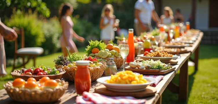 Outdoor party table set with fresh food drinks. People gathering around buffet in garden. Summer holiday celebration with salad fruit snacks. Group enjoys feast outdoor in the sun.