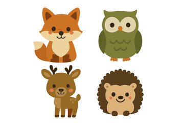 Set of cute cartoon forest animals including fox owl deer and hedgehog