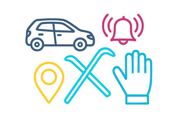 Automotive safety and tracking icons featuring alarm and GPS location markers