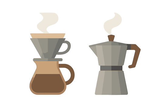 Pour over coffee maker and moka pot steaming side by side