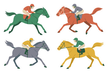 Fototapeta premium Four jockeys riding colorful horses in dynamic flat graphic style