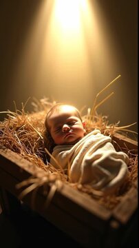 Vertical religious AI-generated video Christmas card - the Star of Bethlehem illuminates the newborn Jesus Christ in a cradle who is sleeping sweetly during nativity. 