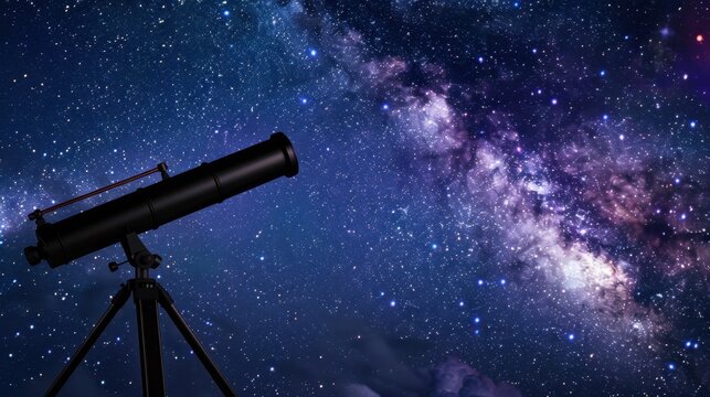 A telescope is positioned against a starry night sky filled with bright stars and the Milky Way galaxy. The scene captures the beauty of astronomy and stargazing.