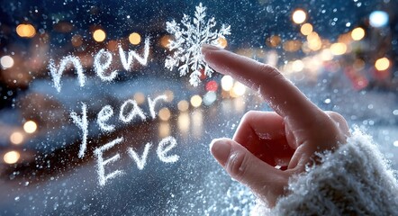 Woman looking through frosty window with New year eve Written on Glass. Winter concept symbolizing New Year