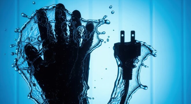 Electrical safety hazard concept. Power plug and hand silhouette with a dynamic water splash. Risk of electrocution and short circuit metaphor. Household accident prevention and safety awareness