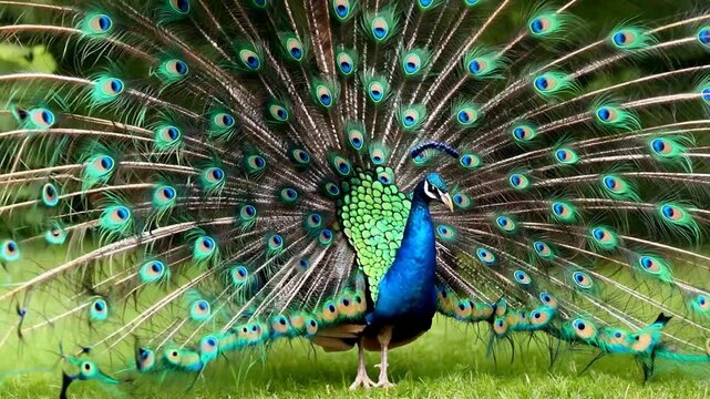 Majestic Peacock Displaying Its Vibrant Plumage in a Lush Green Environment.