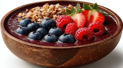 Acai bowl with fresh blueberries raspberries strawberries and granola in wooden bowl
