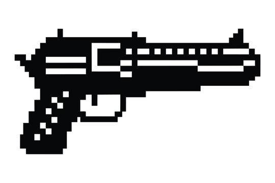 Pixelated black blaster firearm silhouette with classic retro gaming aesthetic stands against a white backdrop