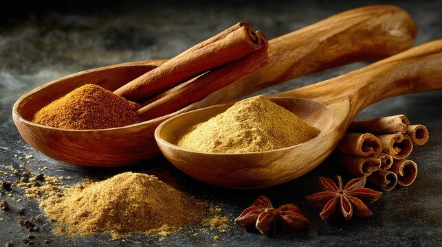 Wooden spoons with cinnamon and aromatic spices