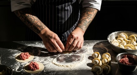 Tattooed male chef preparing handmade dumplings in a professional kitchen. Culinary artist crafting traditional pelmeni with fresh meat filling. Artisanal food preparation concept