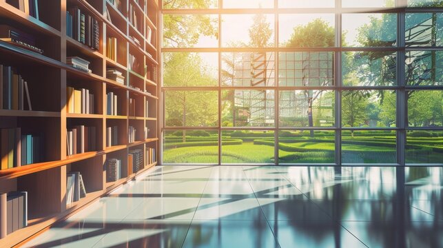 Empty modern library interior with wooden bookshelves and large glass windows overlooking green park.
