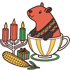 SVG art: A Mischievous Capybara in a Kwanzaa vibe with sitting in a teacup ride, tinted with Unity & Culture tones