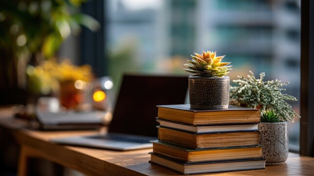 Modern workspace with laptop, books and houseplants