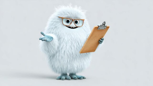 White fluffy cute yeti monster cartoon holding clipboard and looking at notes, gesturing in a friendly manner. Educational character with glasses for presentation.