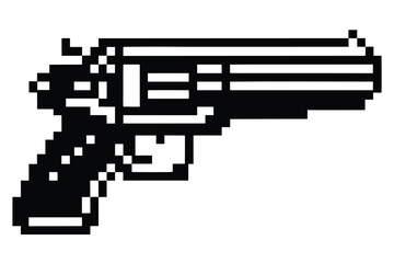 Pixelated black revolver firearm with white accents is depicted in a clear vector