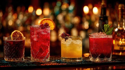 Assorted colorful cocktails served at bar counter with bokeh lights