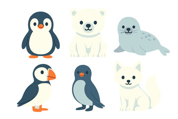 Obraz premium Cute arctic and antarctic animal characters set including penguin, polar bear, seal, and fox