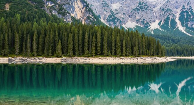 Pristine alpine lake with turquoise water. Coniferous forest reflecting on the calm surface. Majestic mountain range landscape. Travel destination for outdoor adventure and ecotourism