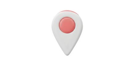 A white location pin with a pink center isolated on transparent background