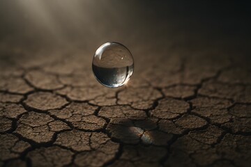 Floating Water Drop Over Drought Cracked Earth – Hope and Survival Concept