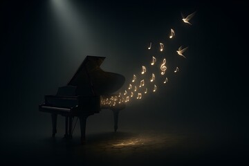 Grand Piano with Glowing Music Notes and Flying Birds – Creativity and Freedom Concept