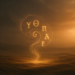 Ancient Greek Letters Forming Glowing Symbol in Air – Mystery and Magic Concept