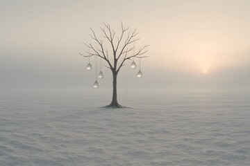 Surreal Bare Tree with Hanging Glass Spheres in Snowy Landscape