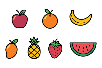 Collection of colorful hand drawn fruits including apple orange banana mango pineapple strawberry and watermelon slice