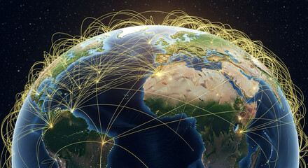 abstract golden threads connecting continents — global connection through diplomacy