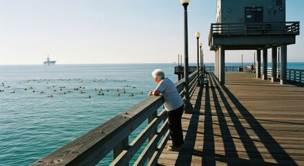 Senior female watching swimmers from a wooden pier. Coastal lifestyle with an offshore oil rig on the horizon. Contemplative solitude and observation at a seaside resort. Sunny day travel scene