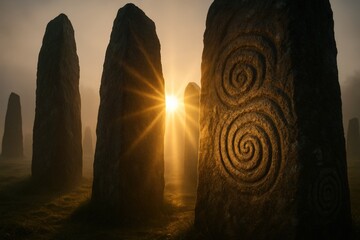 Ancient standing stones at sunrise, spiral carvings glowing in warm light, evoking mystery and ancestral ritual.