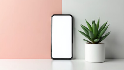 Mobile phone with blank screen on white surface. Decorative plant near smartphone. Pink and light green background behind the device. Empty display offers advertisement space