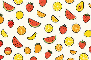 Vibrant seamless pattern of freshly sliced fruits including watermelon strawberries oranges and lemons