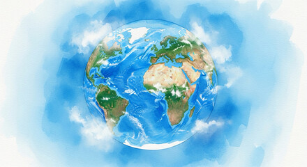 watercolor-style Earth blending into blue and white tones — harmony and balance
