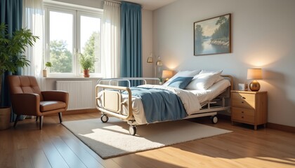 Senior friendly bedroom features adjustable hospital bed soft flooring. Handrails provide safety, comfort. Space promotes accessibility support. Room interior ensures wellness relaxation health.