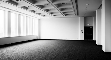Empty office space with large windows. Modern corporate interior design. Unfurnished commercial real estate for lease. Minimalist architectural concept with natural light. Blank wall for mockup
