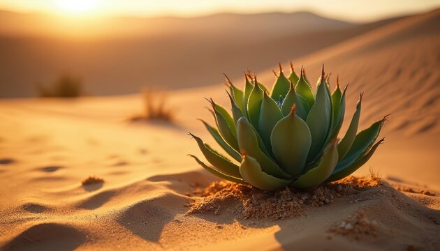 Desert plant with sunlight on sand dunes. Flora in arid hot sand environment. Botany study, geology research in travel. Scenic nature with wild sun light landscape. Arid climate shows beauty.
