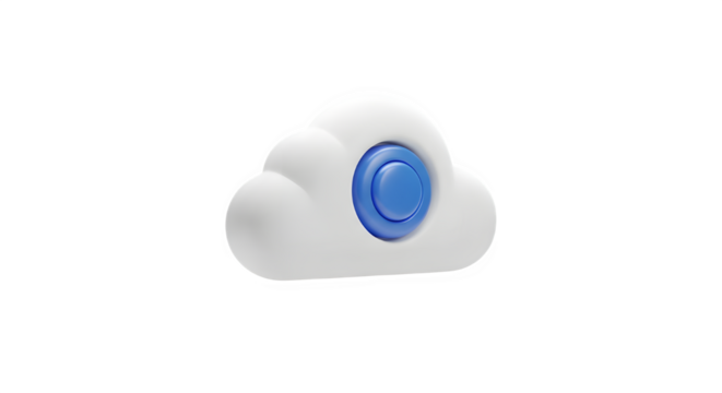 A white cloud with a blue button on it isolated on transparent background for cloud computing