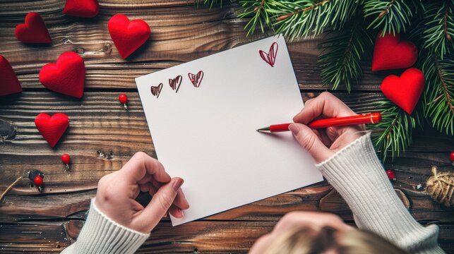 Hands of a person with light skin and white sweater drawing red hearts on a blank white paper on wooden table with red heart decorations.