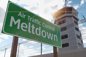 Air Traffic Control Meltdown Green Road Sign In Front of Air Traffic Control Tower.