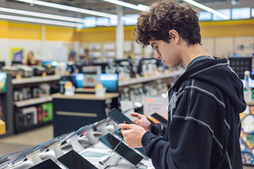 Teenager Choosing a Tablet in Electronics Store – Young Customer Testing Digital Devices, Tech Shopping and Consumer Behavior. gadget choice, digital lifestyle, retail shopping experience. Gen Z
