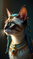 Siamese cat wears ancient Egyptian royal jewelry and headdress. Feline looks regal in turquoise and gold adornments with blue gems. Domestic pet appears as pharaoh deity or queen.
