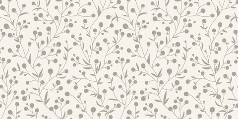 Monochrome Seamless Pattern with Leaves and Berries, Floral Ditsy Vector Illustration